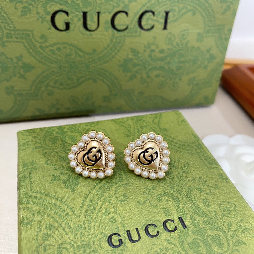 Gucci Double G Heart Pearl Earrings - 18K Yellow Gold