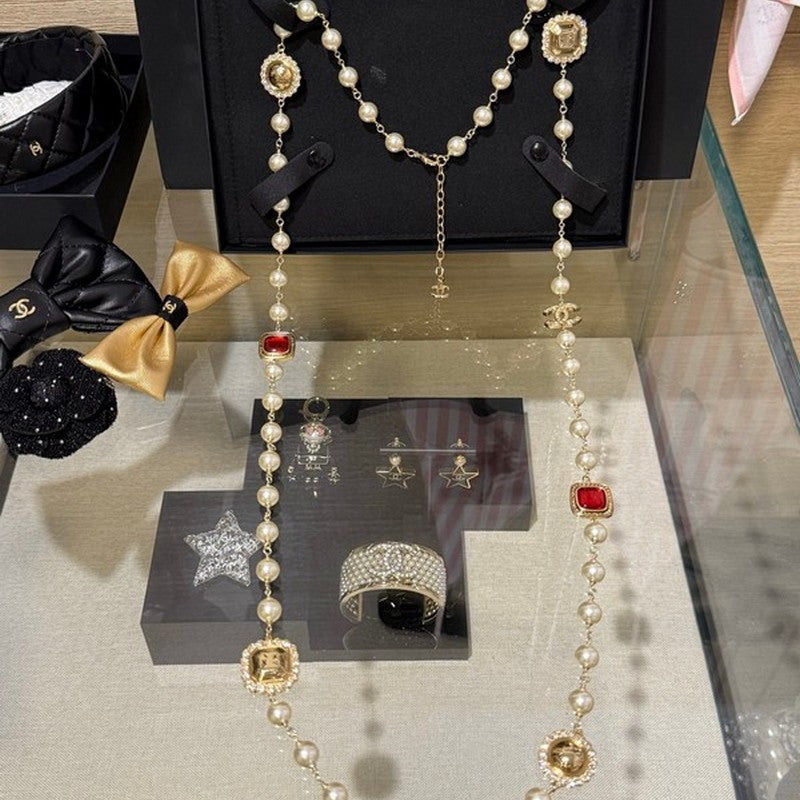 Chanel Long Pearl Red Crystal Necklace