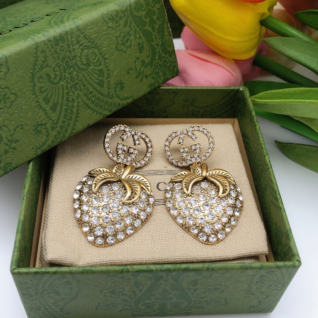 Gucci Double G Crystal Strawberry Pendant Earrings - 18K Yellow Gold
