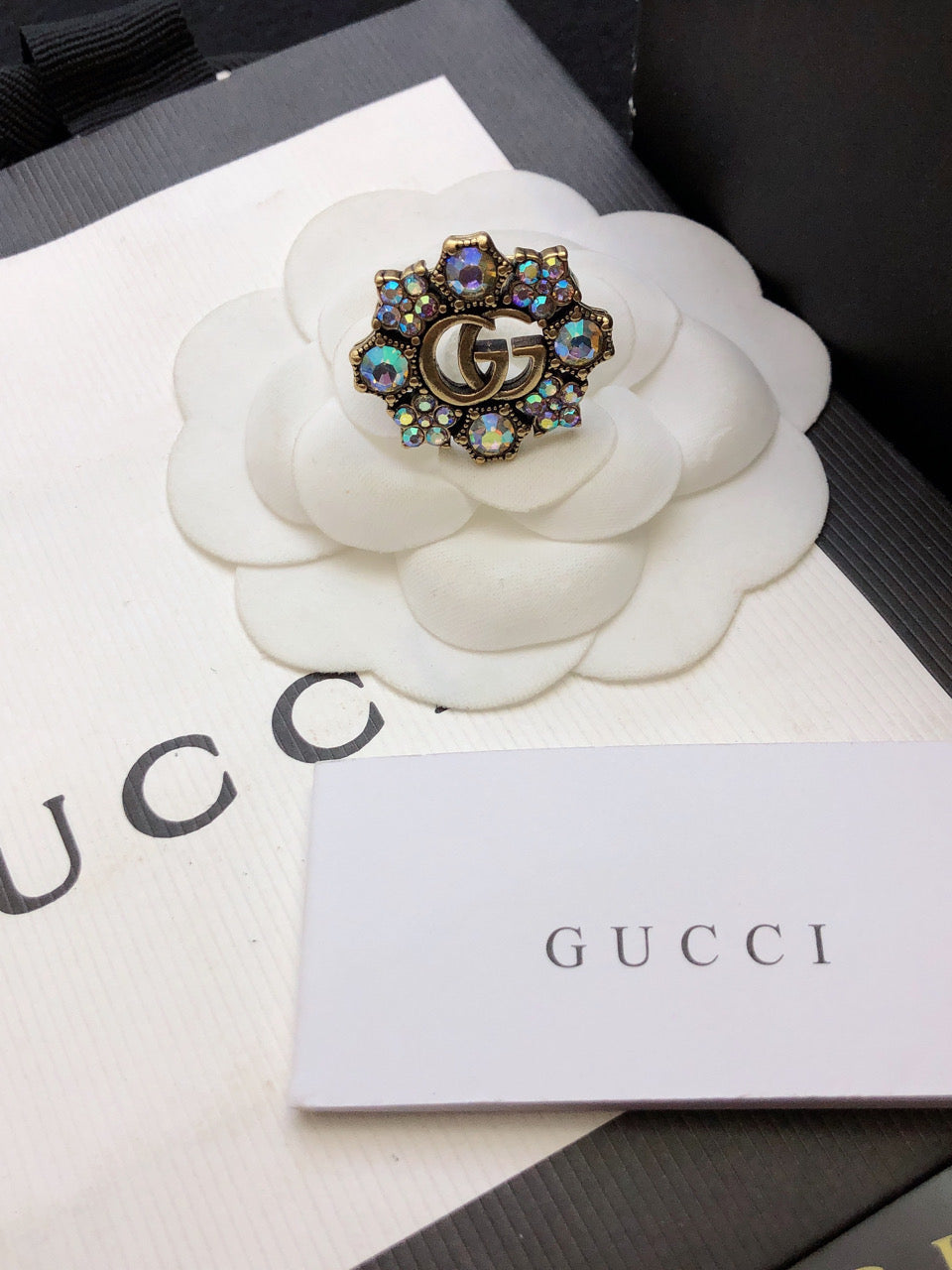 Gucci Double G Crystal Flower Ring - 18K Yellow Gold