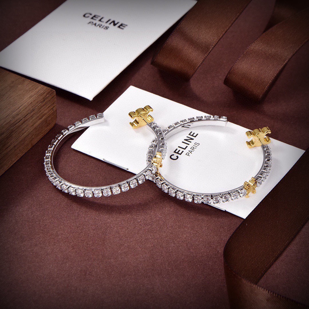 Celine Triomphe Diamonds Hoops Earrings - 18K Yellow Gold