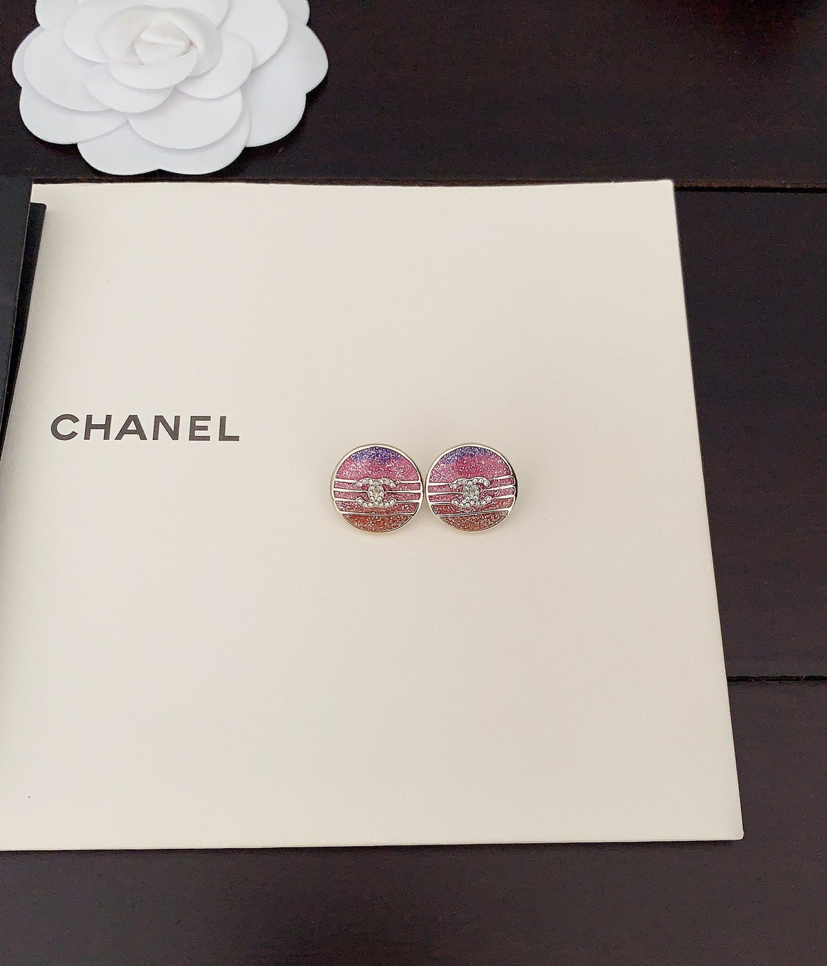 Chanel Pink Crystal Earrings - 18K Yellow Gold