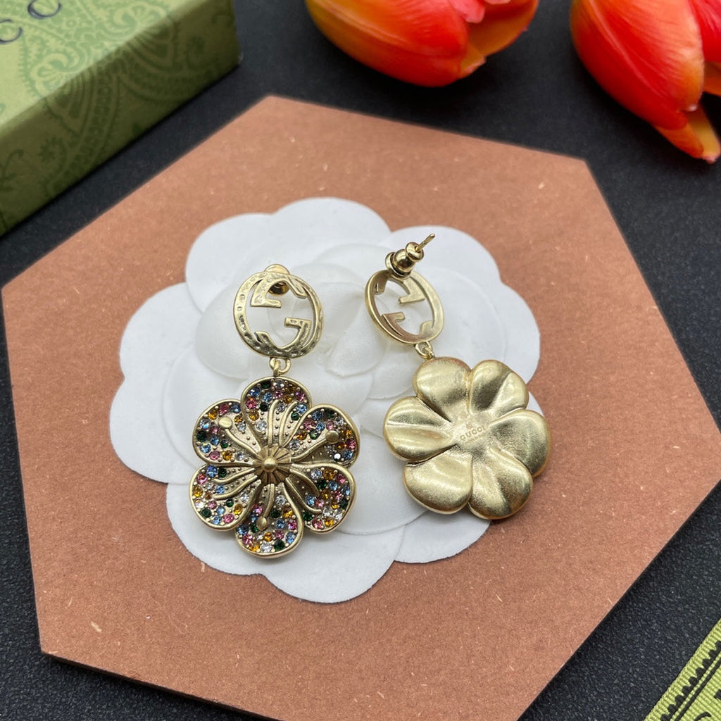 Gucci Double G Color Crystals Flower Earrings - 18K Yellow Gold