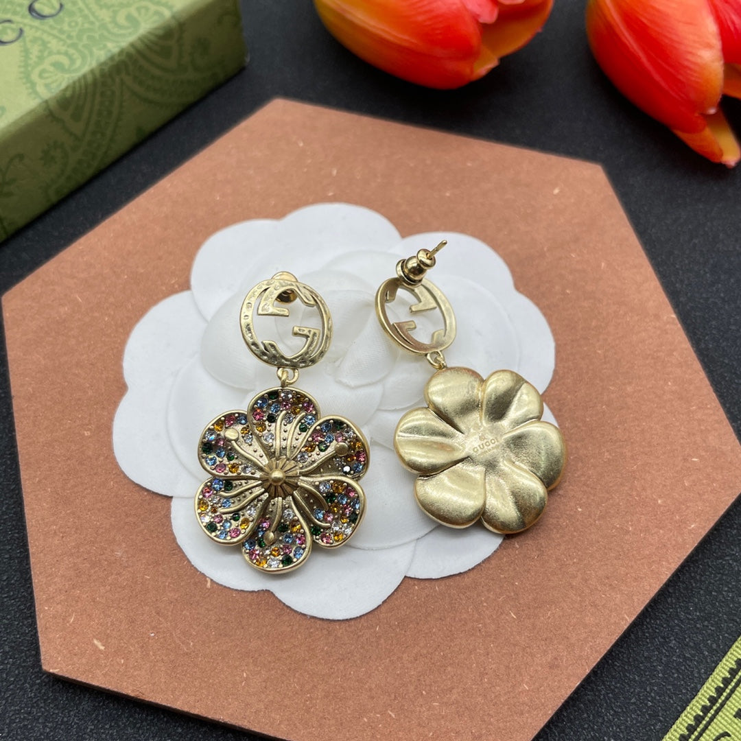 Gucci Double G Color Crystals Flower Earrings - 18K Yellow Gold