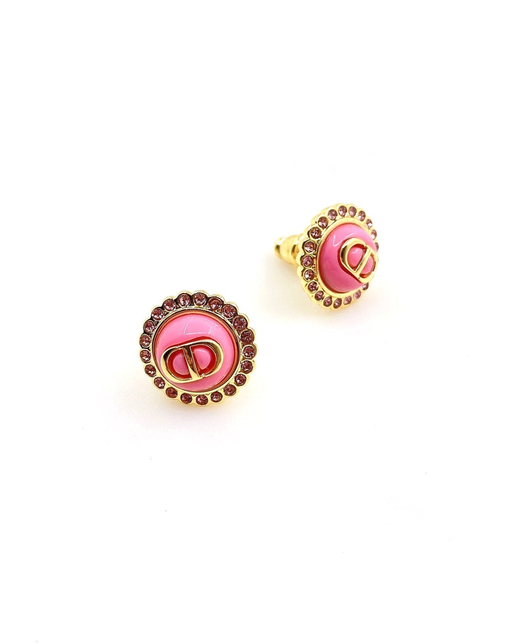 Chanel Pink Crystal Earrings - 2 cm Height - 18K Yellow Gold