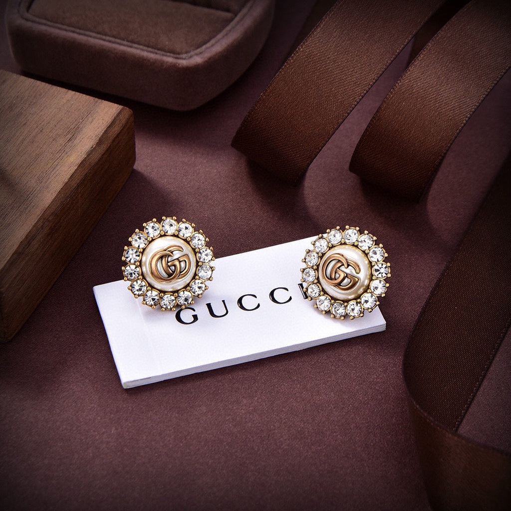 Gucci Double G Flower Crystal Earrings - 18K Yellow Gold