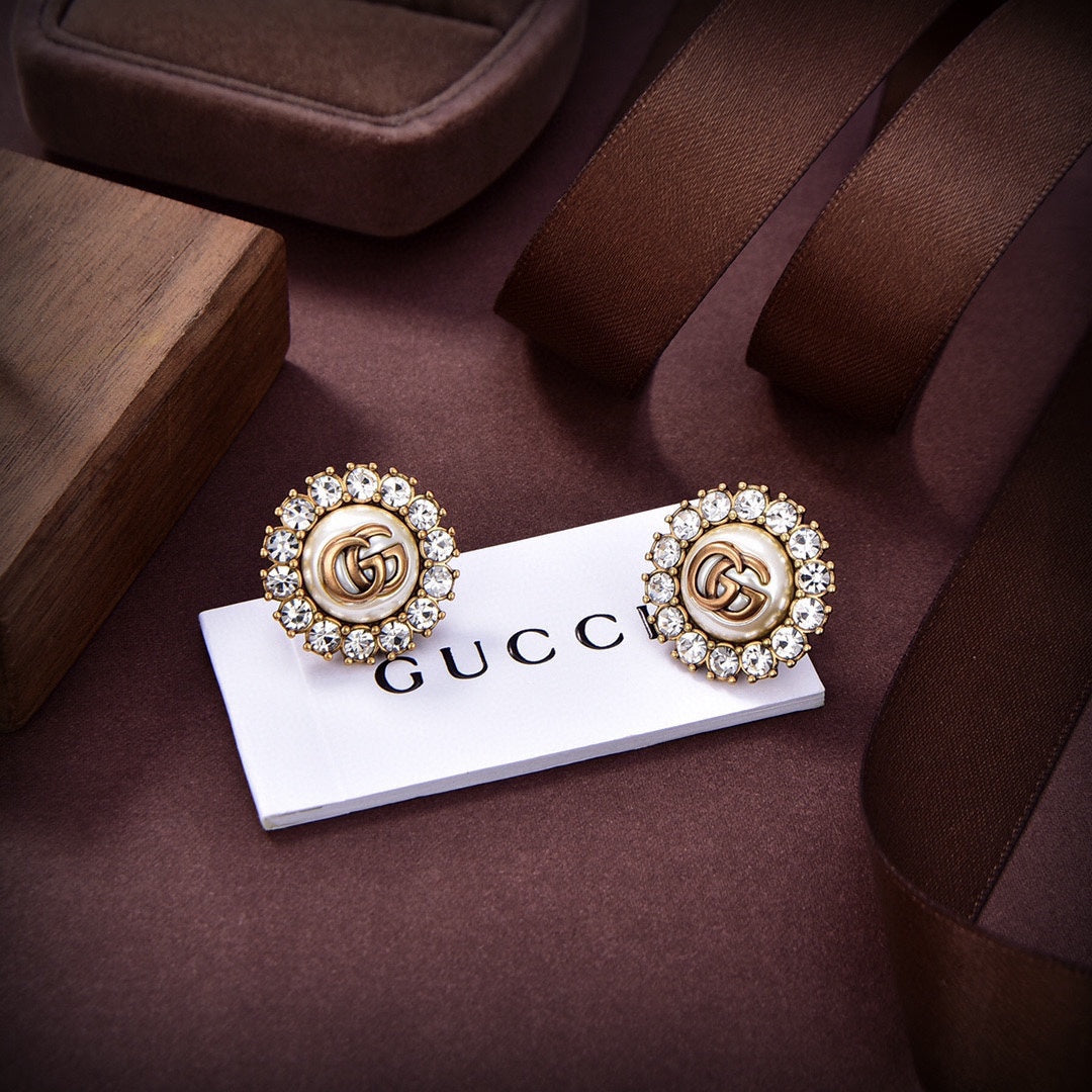 Gucci Double G Flower Crystal Earrings - 18K Yellow Gold
