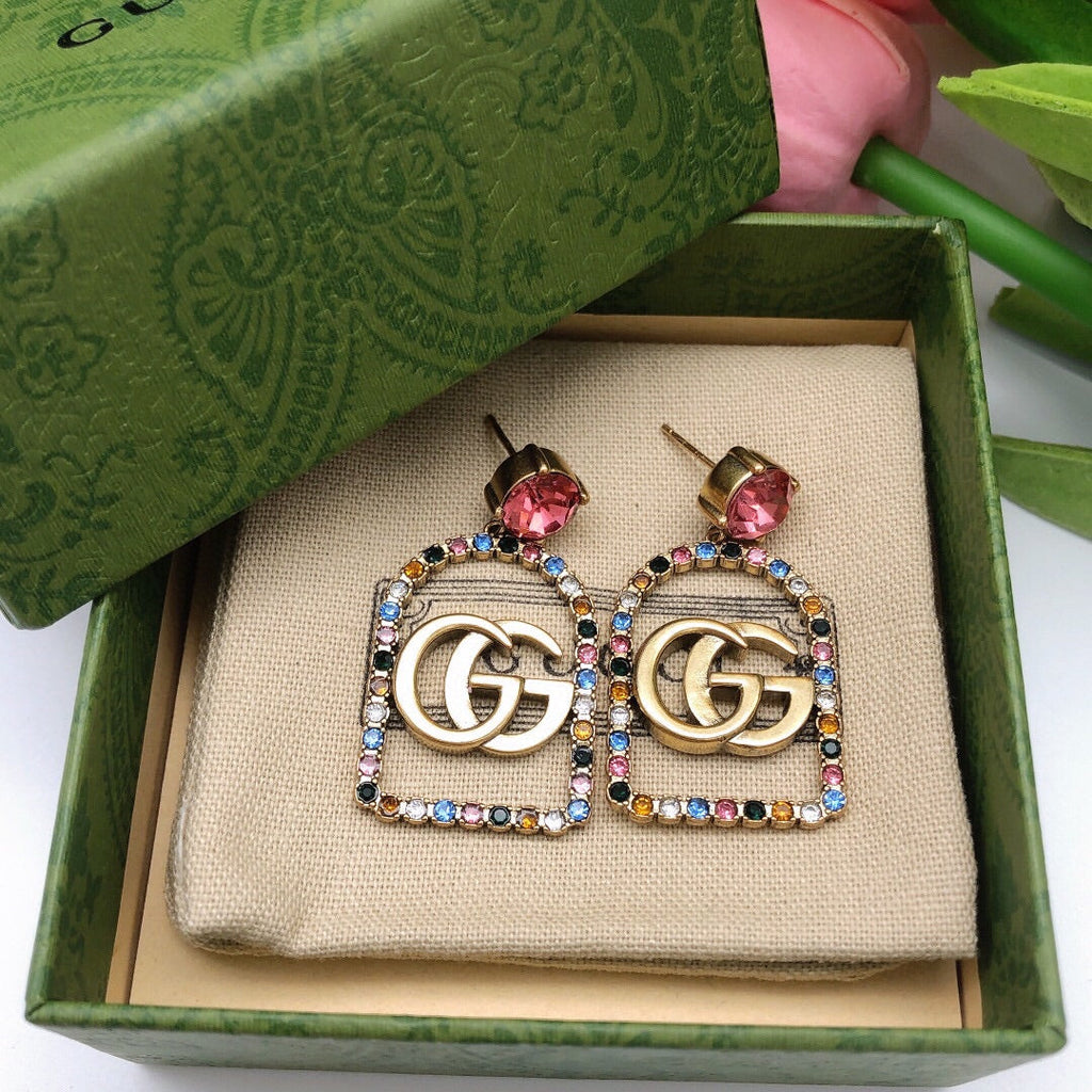 Gucci Double G Color Crystal Earrings - 3.5 cm Height - 18K Yellow Gold