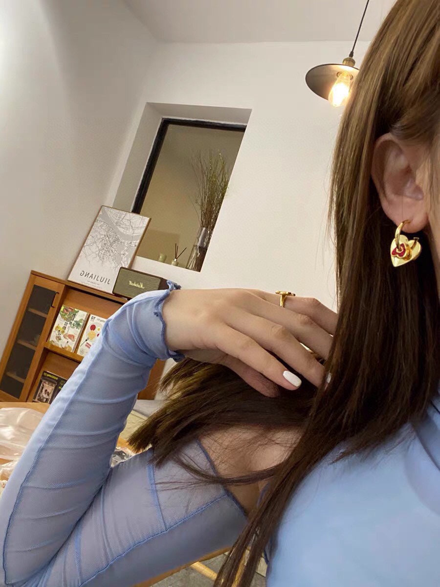 Celine Triomphe Red Heart Earrings - 18K Yellow Gold