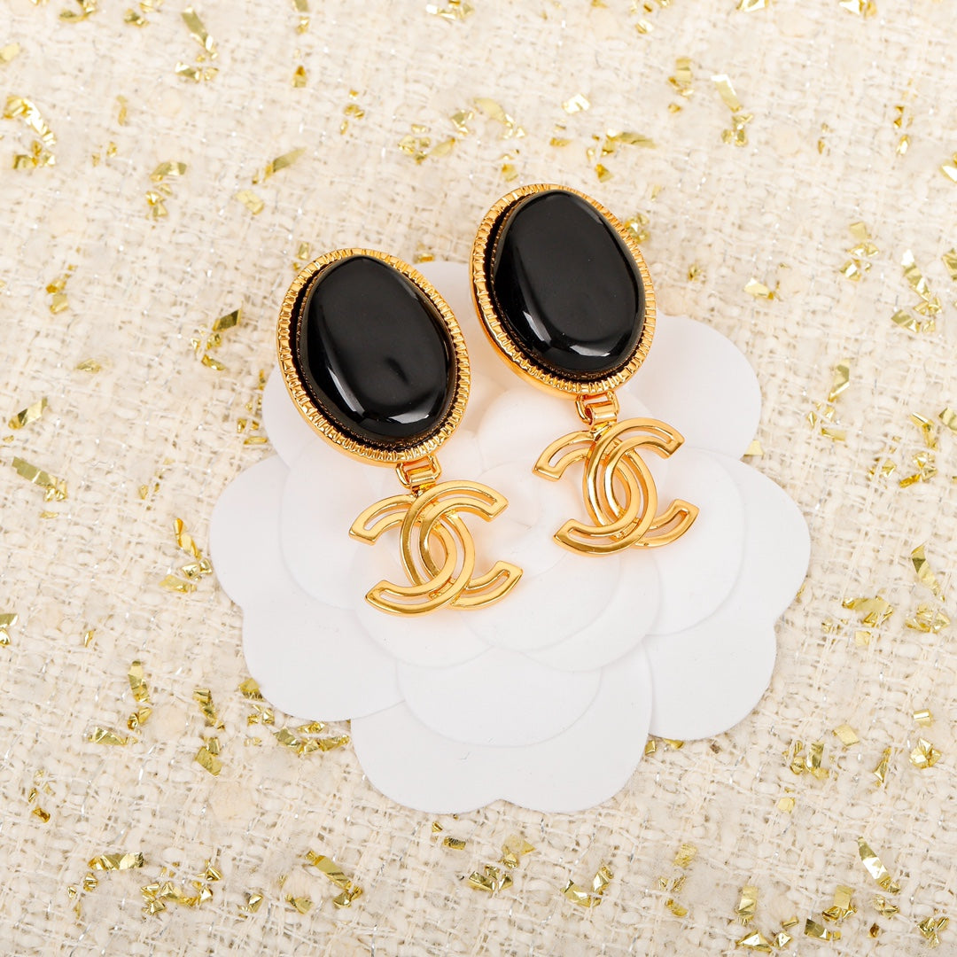 Chanel Black Crystal Pendant Earrings - 18K Yellow Gold