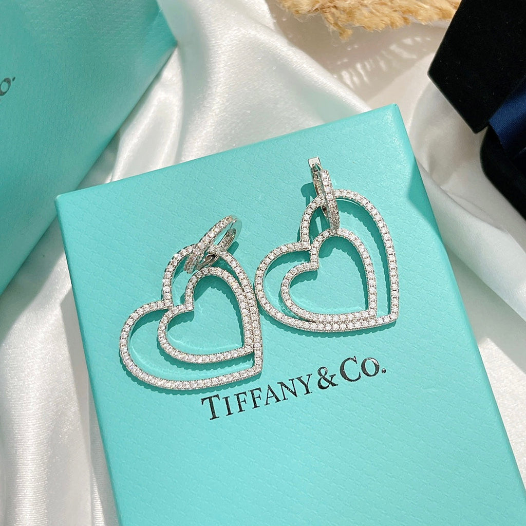 Tiffany Double Heart Diamond Earrings - 18K White Gold