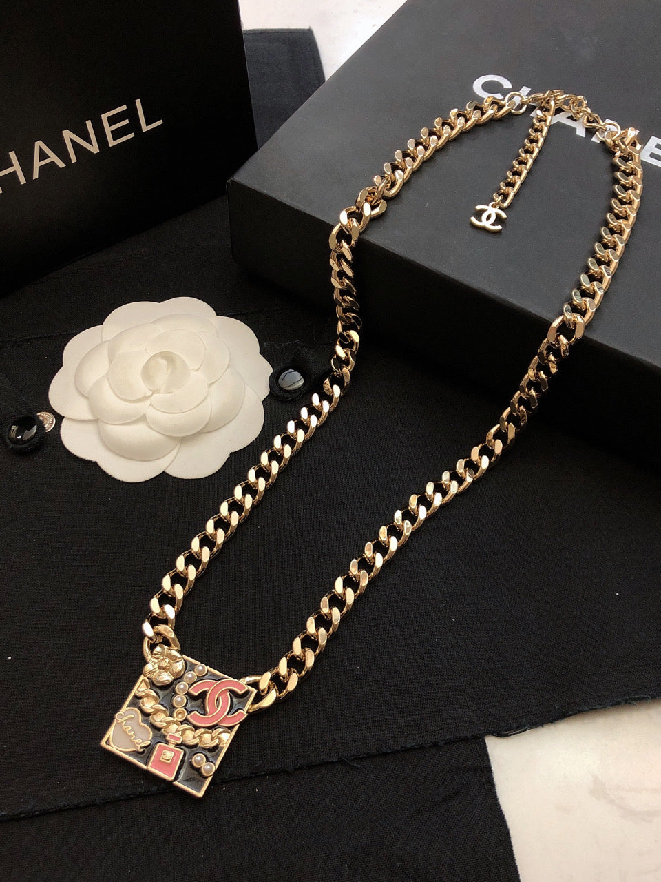 Chanel Pink Logo Chain Necklace