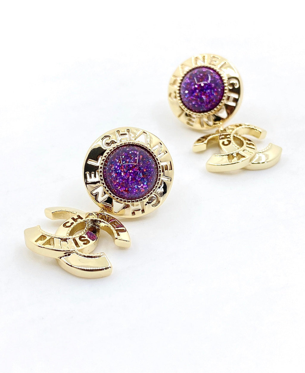 Chanel Purple Crystal Earrings - 18K Yellow Gold