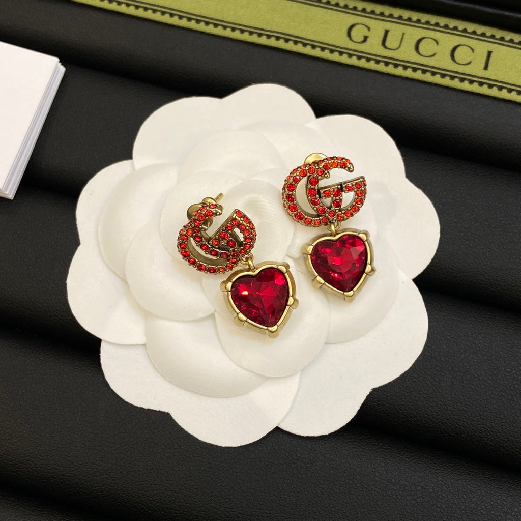 Gucci Double G Red Crystal Earrings - 18K Yellow Gold