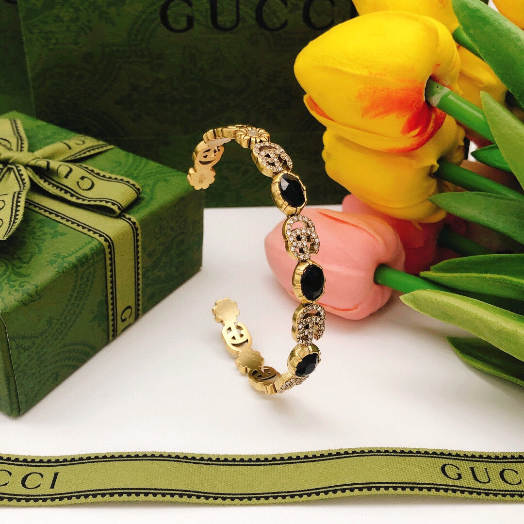 Gucci Double G Flowers Black Crystals Open Cuff Bracelet