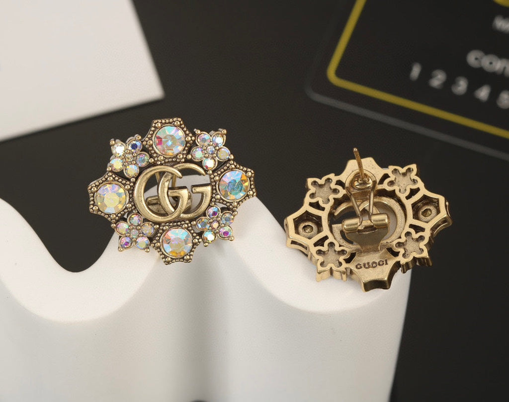 Gucci Double G Blue Flowers Earrings - 2.25 cm Height - 18K Yellow Gold