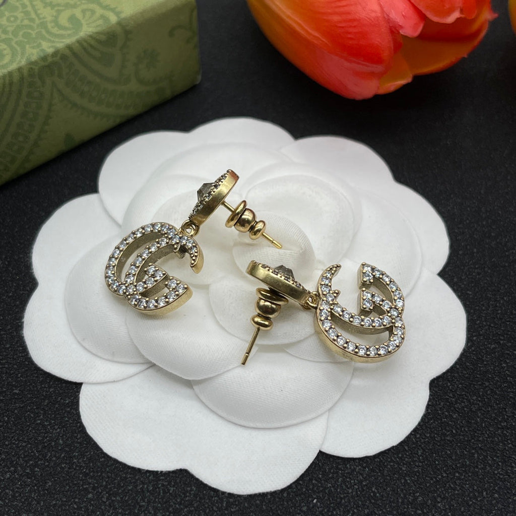 Gucci Double G Crystal Earrings - 18K Yellow Gold
