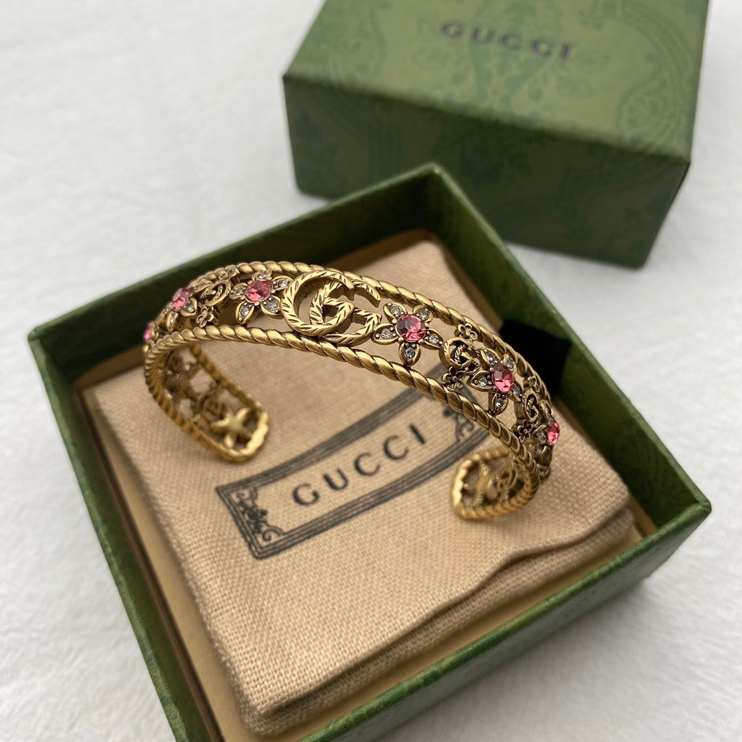 Gucci Double G Red Crystal Flower Cuff Bracelet