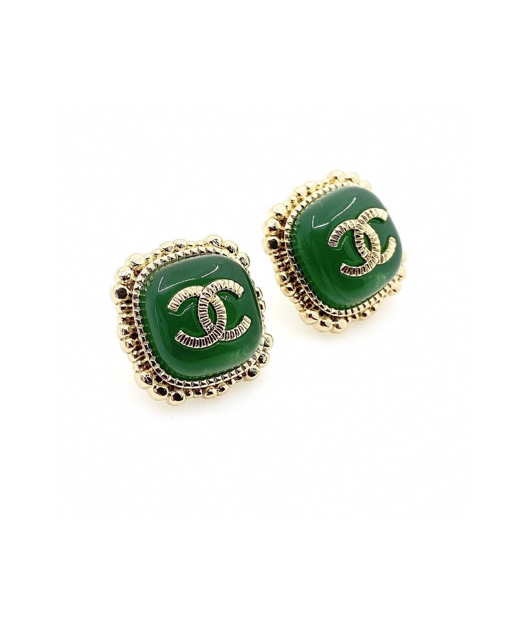 Chanel Green Square Earrings - 18K Yellow Gold
