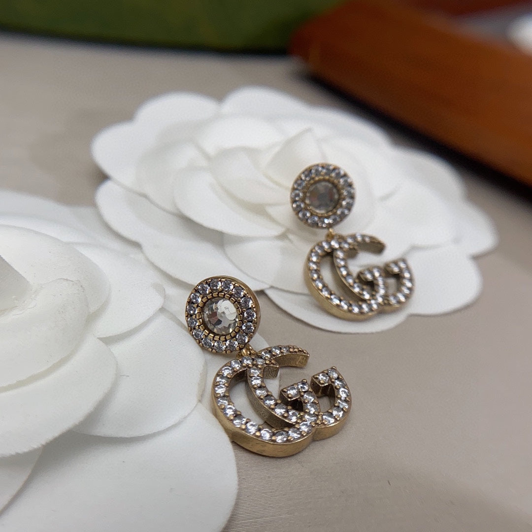 Gucci Double G Crystal Pendant Earrings - 18K White Gold