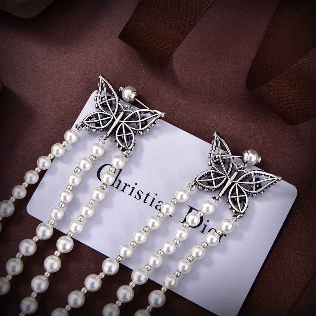 Dior Pearls Tassel Long Earrings