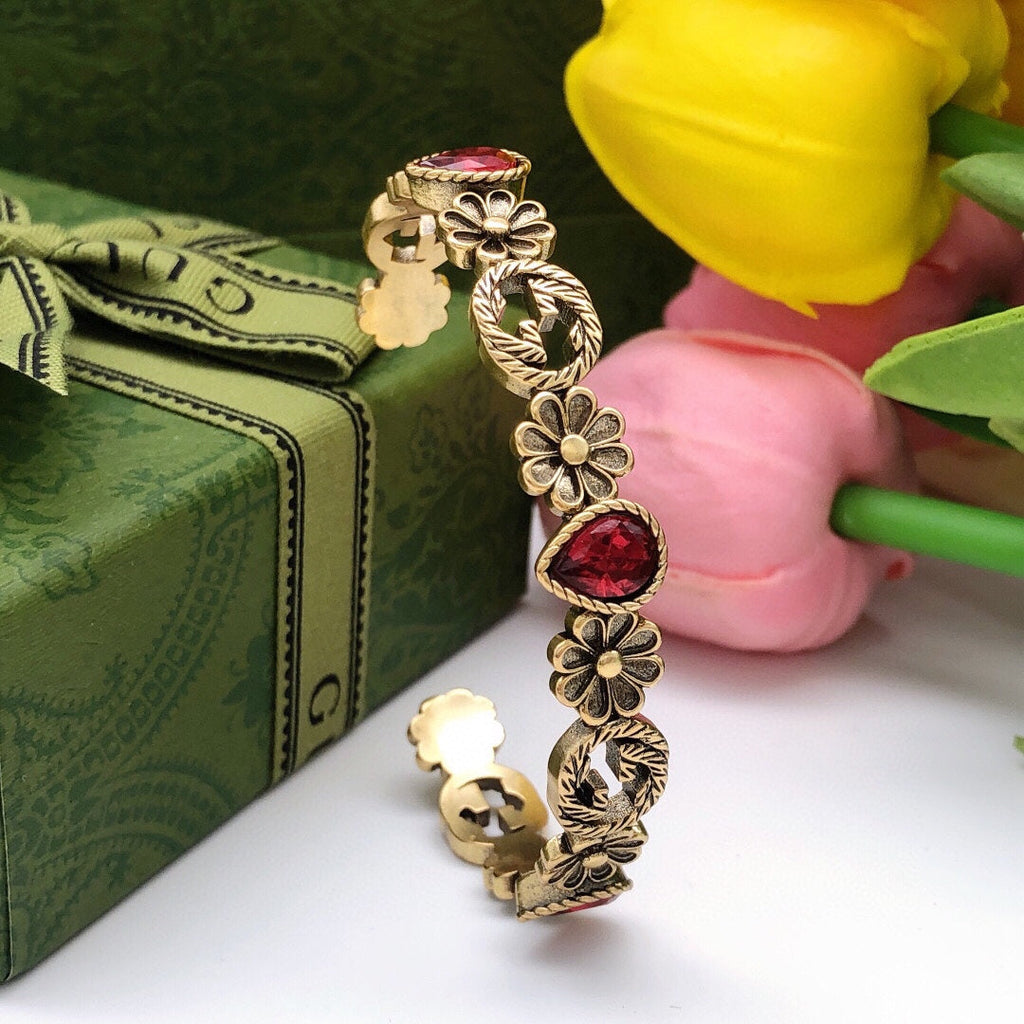 Gucci Double G Flowers Red Crystals Open Cuff Bracelet
