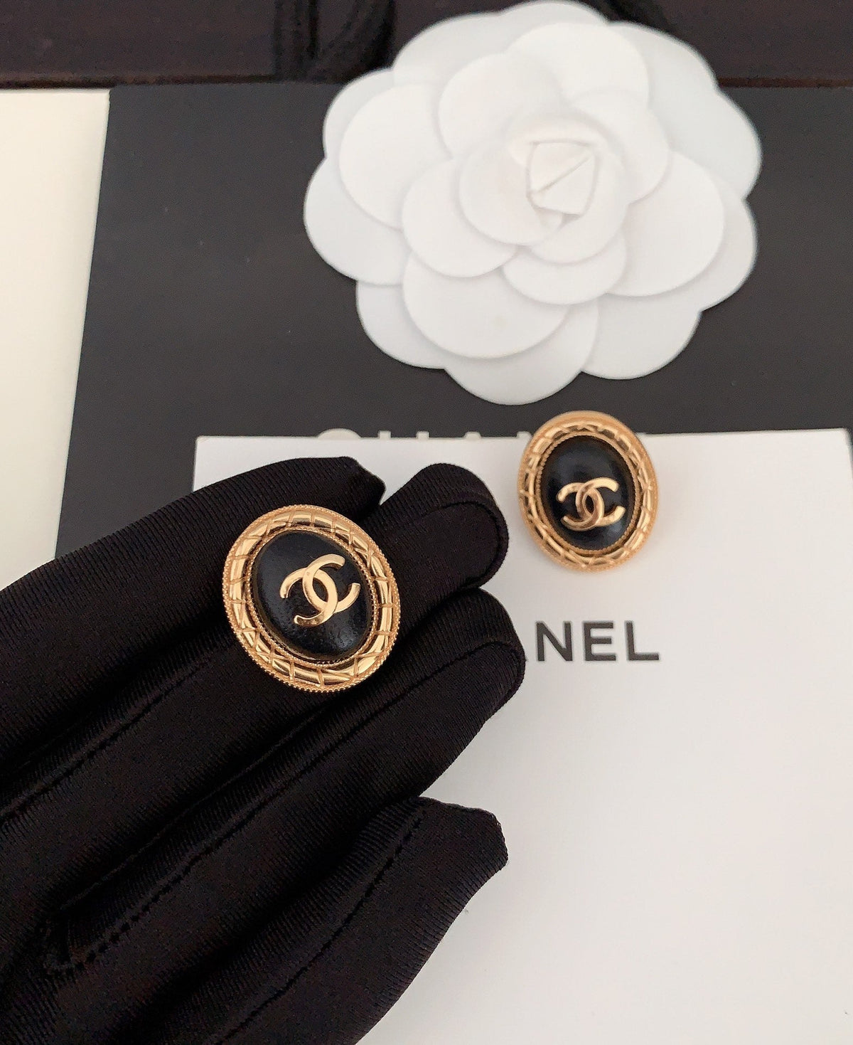 Chanel Oval Leather Earrings - 18K Yellow Gold