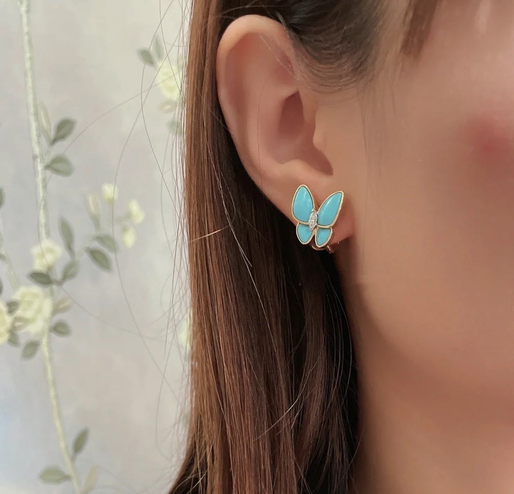 Two Butterfly Turquoise Earrings - 18K Gold