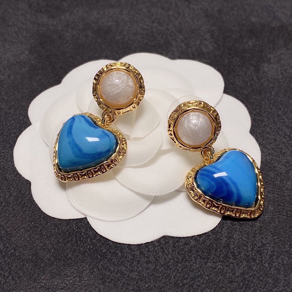 Chanel Blue Heart Pearl Earrings - 18K Yellow Gold