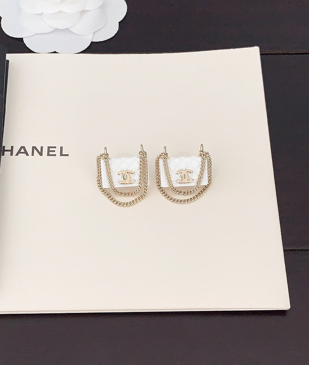 Chanel White Bag Earrings - 18K Yellow Gold
