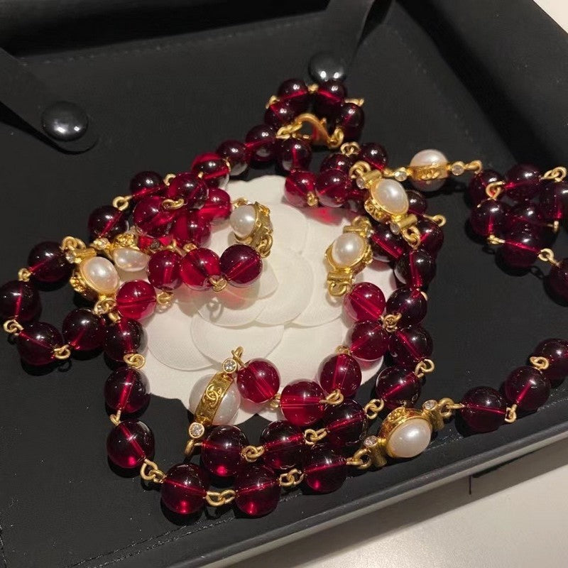 Chanel Long Red & White Pearl Necklace