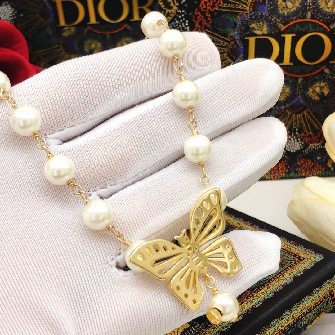 Dior Butterfly Pearl Chain Necklace