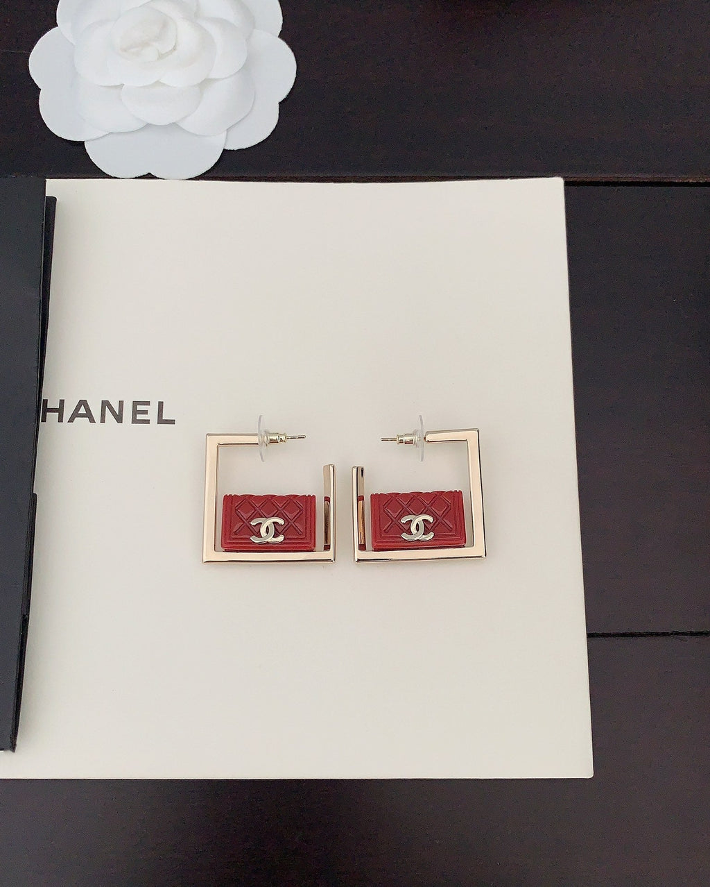 Red Bag Pendant Earrings - 18K Yellow Gold
