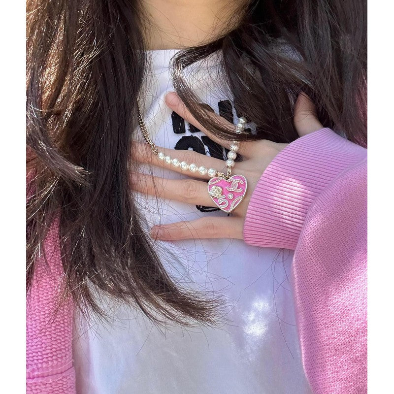 Chanel Pink & Black Heart Pearl Necklace