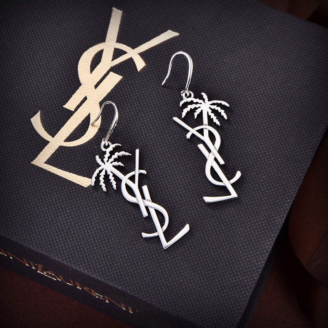 YSL Monogram Palmier Statement Earrings - 18K White Gold