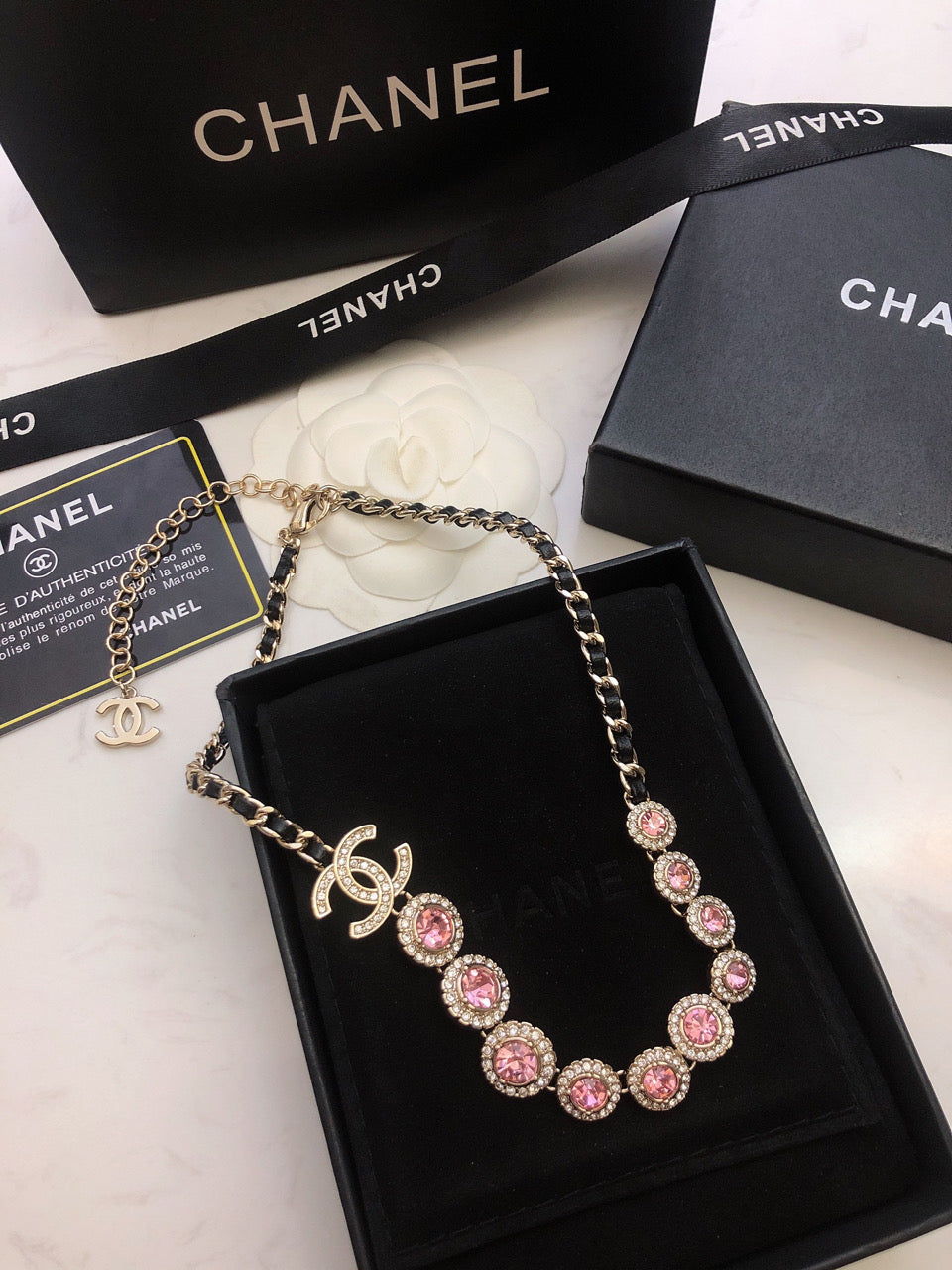 Chanel Pink Crystals Leather Necklace