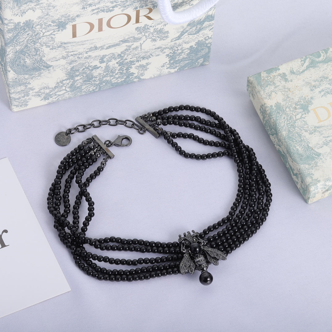 Dior Bee Black Pearls Chain Necklace