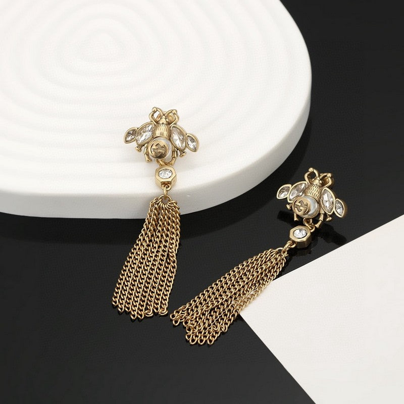 Gucci Double G Bee Tassel Crystal Earrings - 18K Yellow Gold