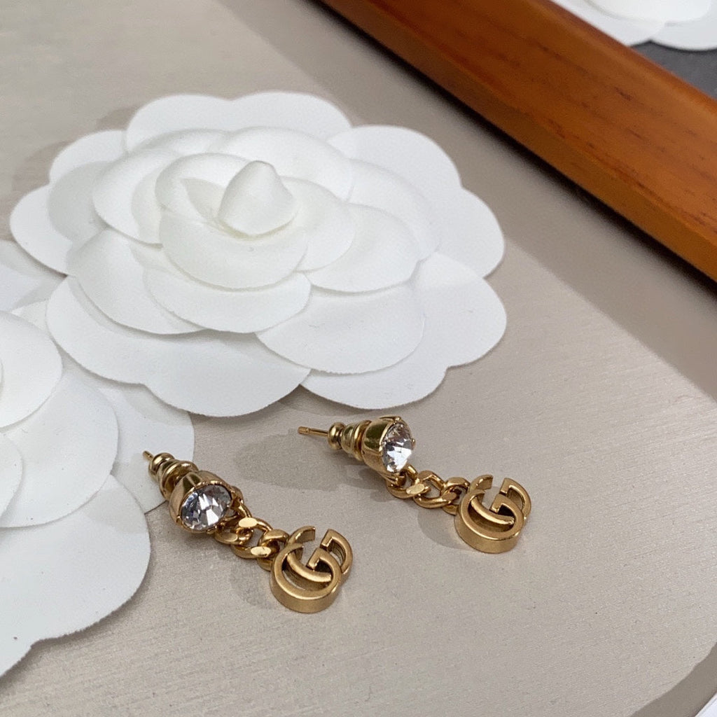 Gucci Double G Crystal Chain Earrings - 18K Yellow Gold