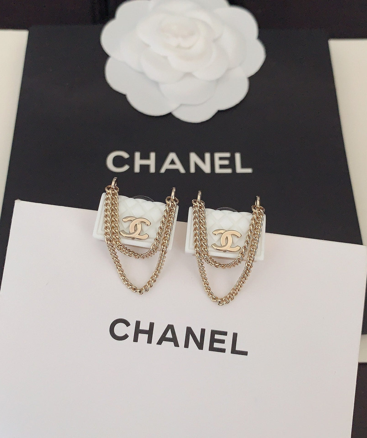Chanel White Bag Earrings - 18K Yellow Gold