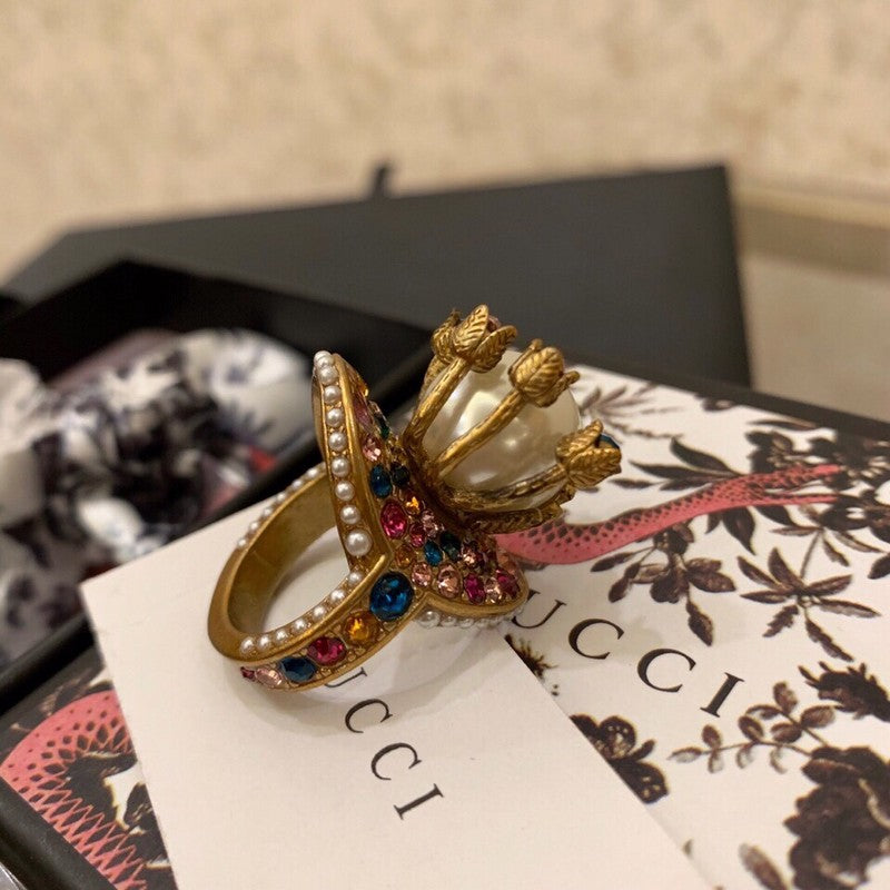Gucci Double G Multistone Pearl Ring - 18K Yellow Gold