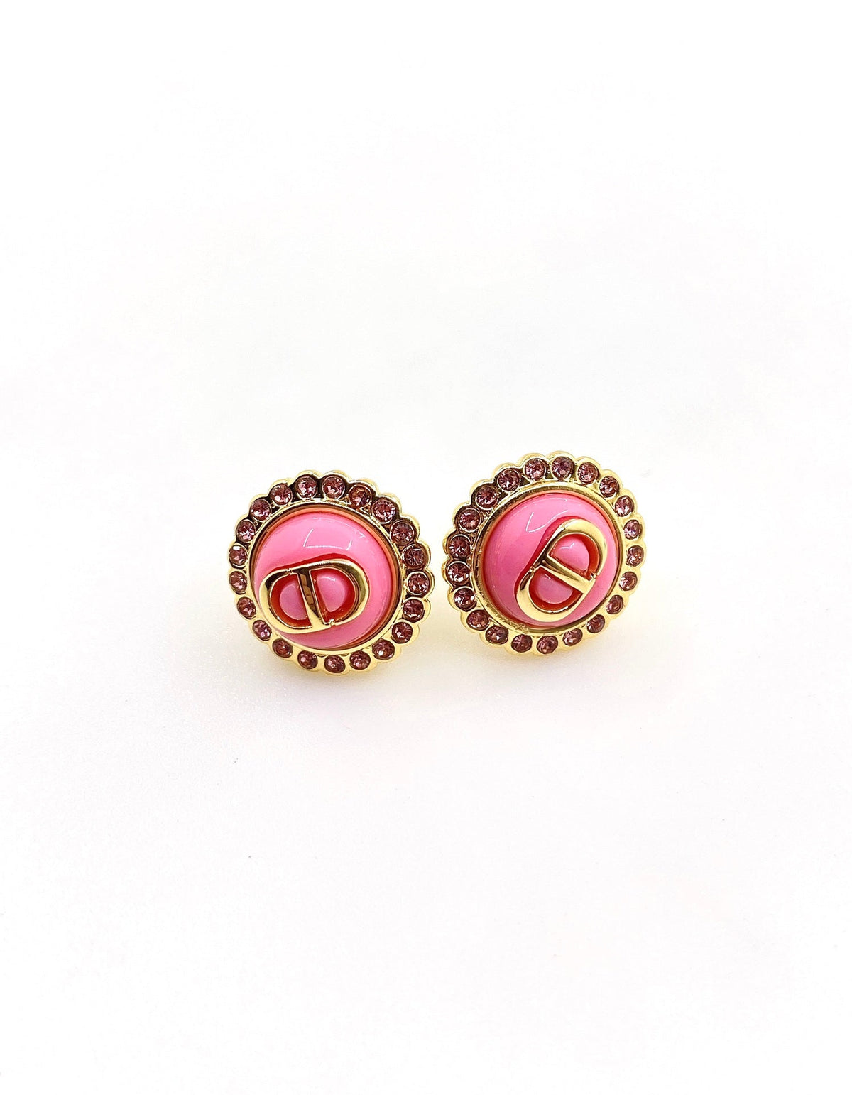 Chanel Pink Crystal Earrings - 2 cm Height - 18K Yellow Gold