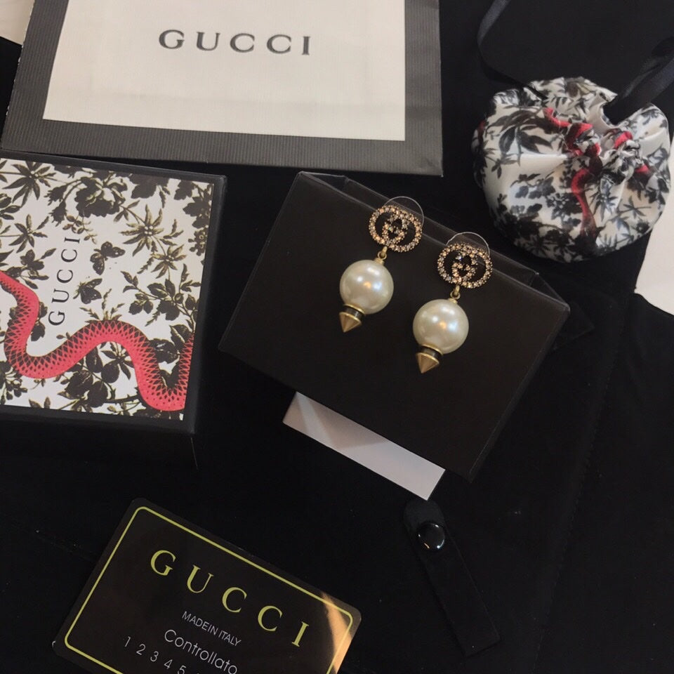 Gucci Double G Pearl Pendant Earrings - 18K Yellow Gold