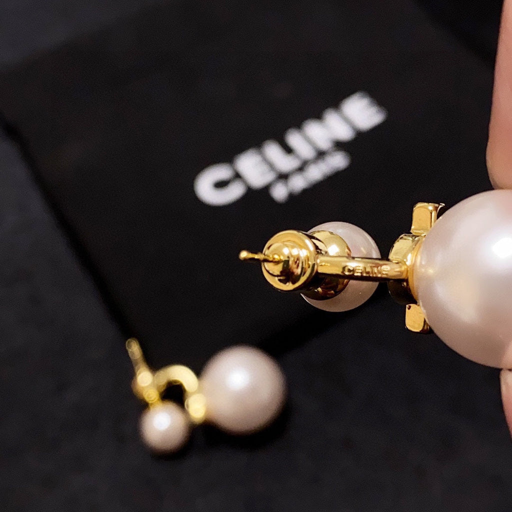 Celine Triomphe Pearl Earrings - 18K Yellow Gold