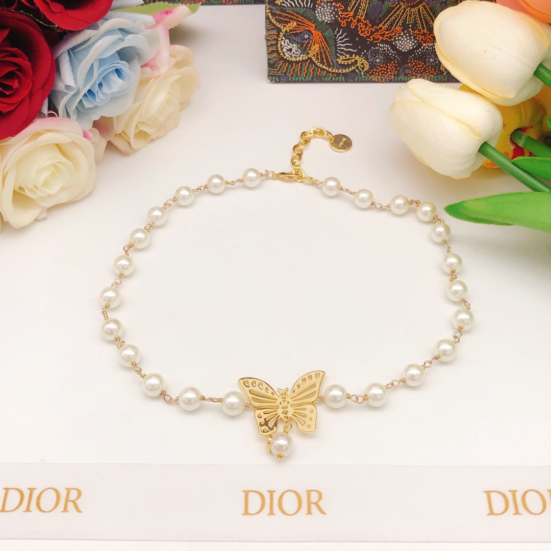 Dior Butterfly Pearl Chain Necklace