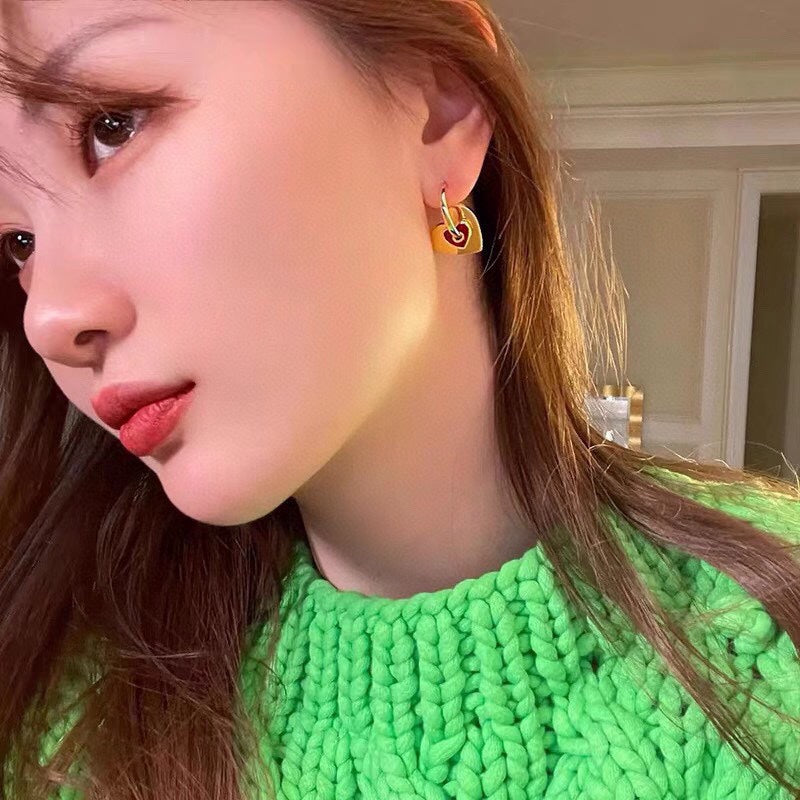 Celine Triomphe Red Heart Earrings - 18K Yellow Gold