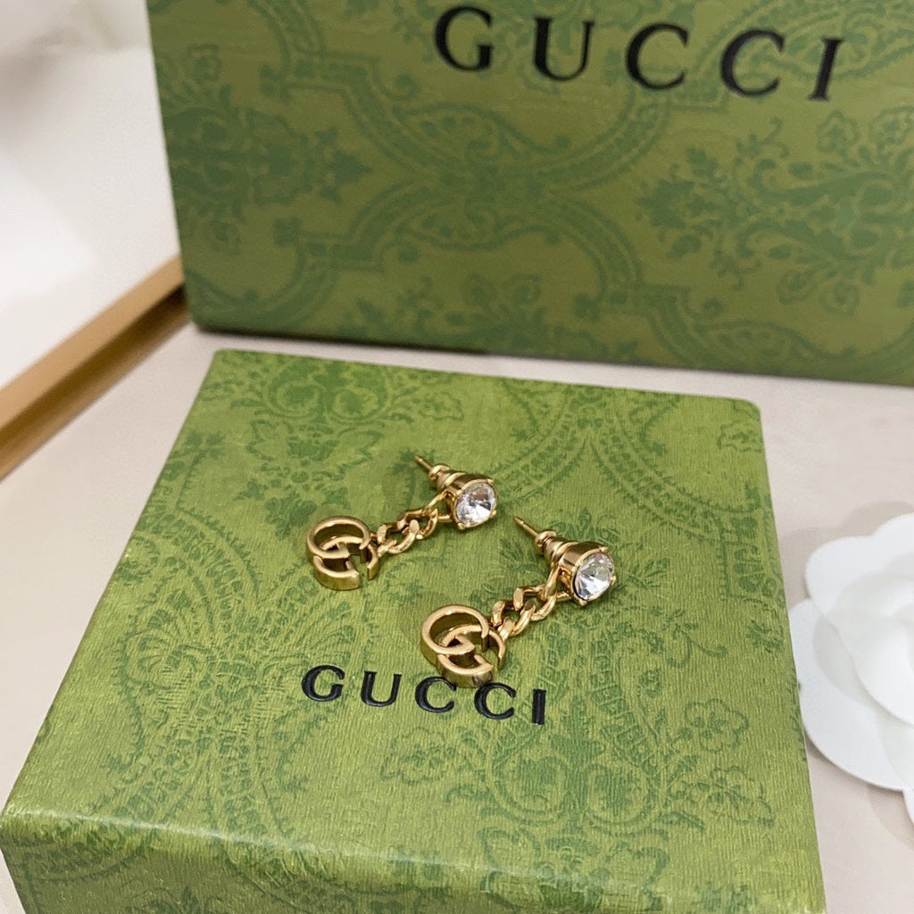 Gucci Double G Crystal Chain Earrings - 18K Yellow Gold