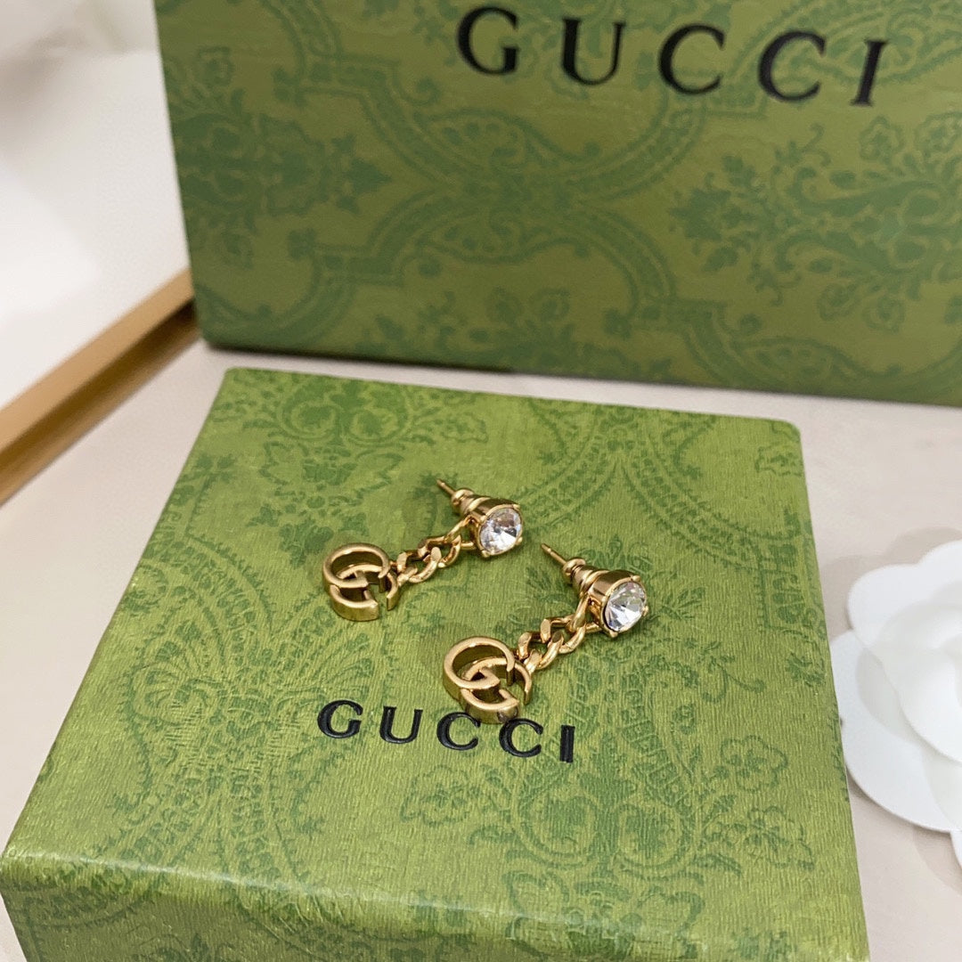 Gucci Double G Crystal Chain Earrings - 18K Yellow Gold