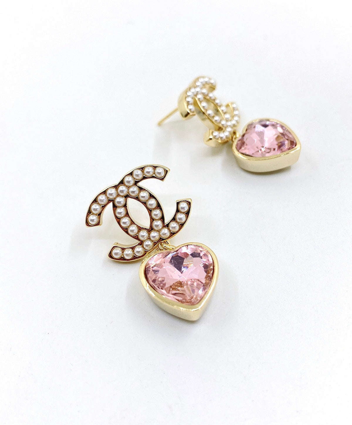 Chanel Pink Heart Crystal Earrings - 18K Yellow Gold