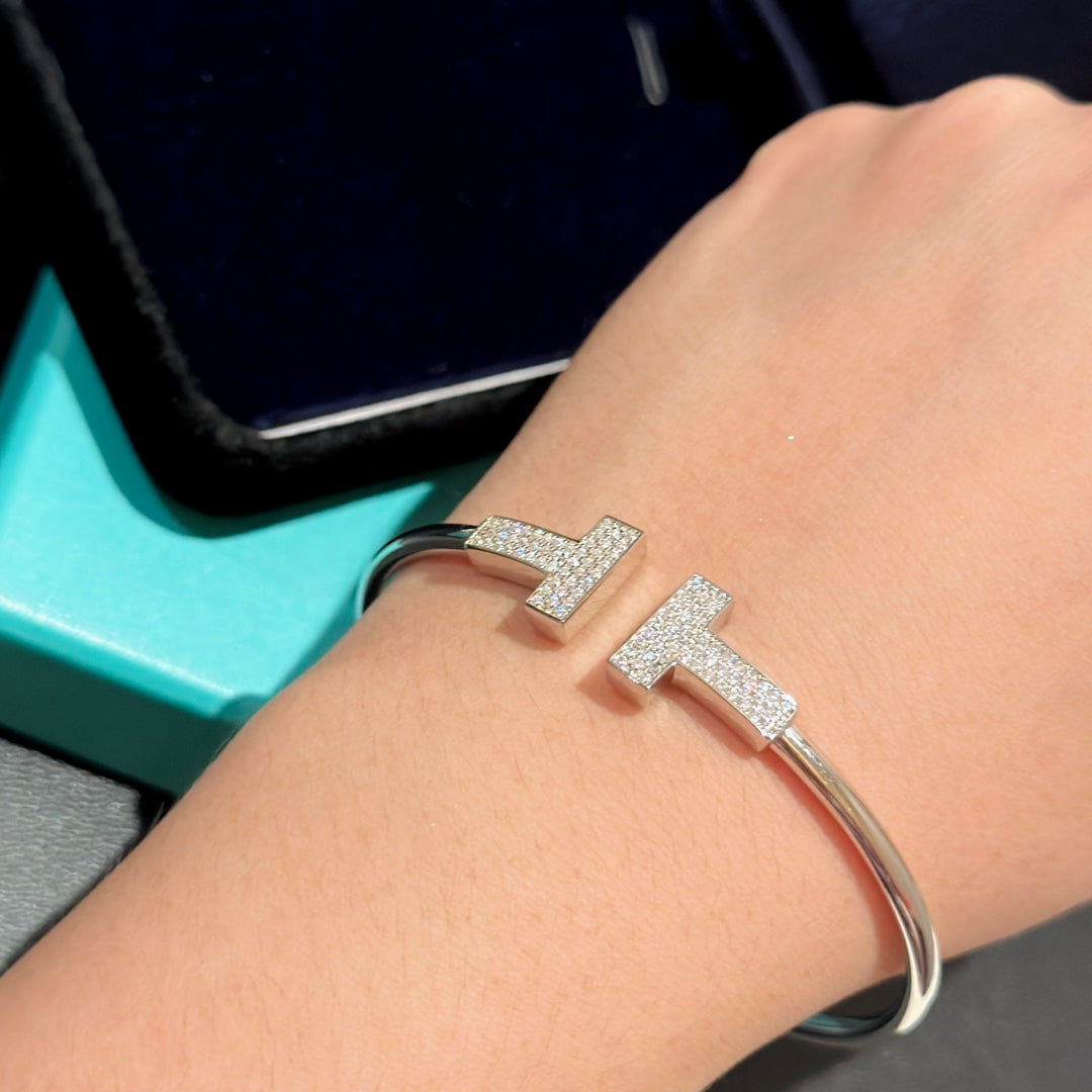 Tiffany Wide Moissanite Wire Bracelet - 18K White Gold